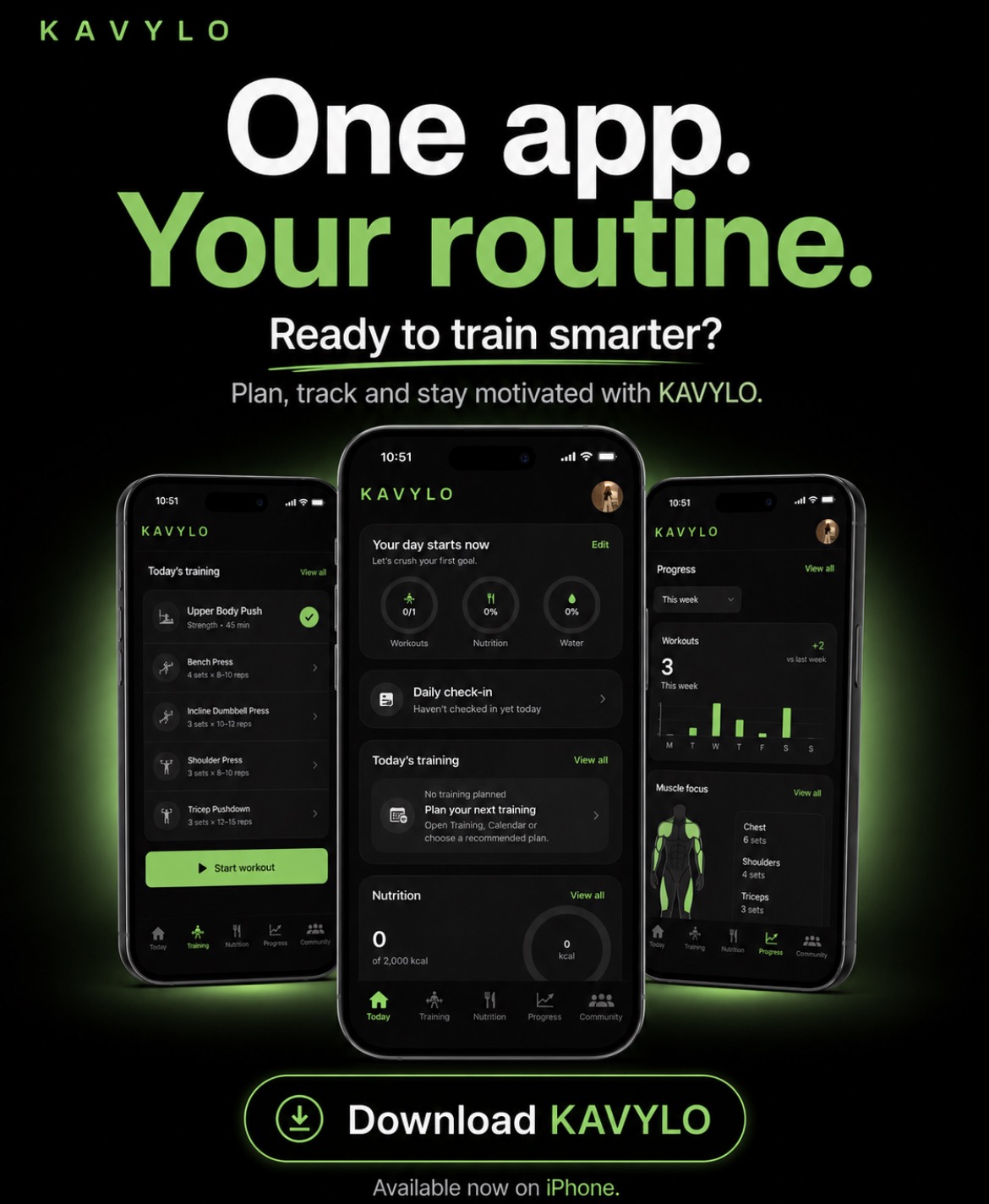 KAVYLO app on iPhone: today, training and progress screens